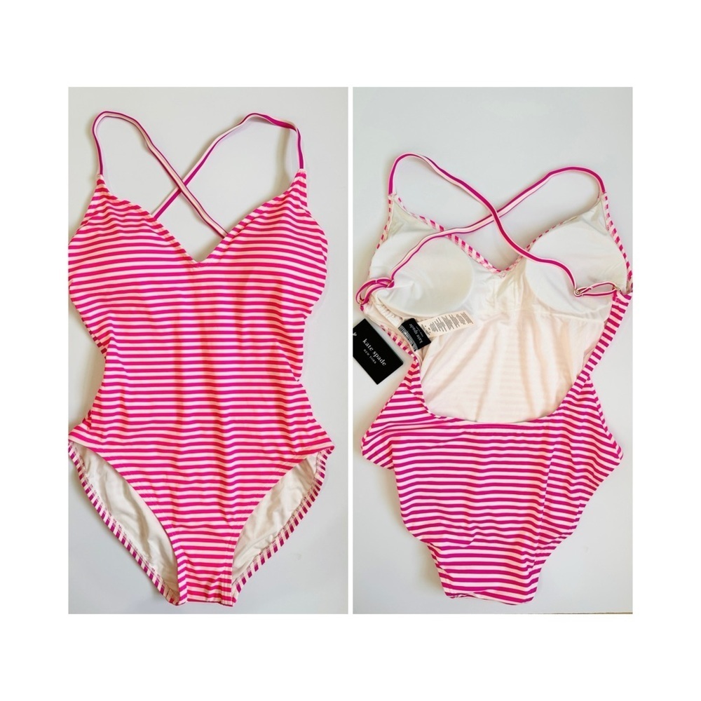 Kate Spade spaghetti strap 2 tone pink/ purple stripe onepiece low scoop back